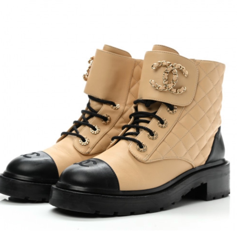 CHANEL Lambskin Calfskin Quilted Lace Up Combat Boots size 38/ 7.5